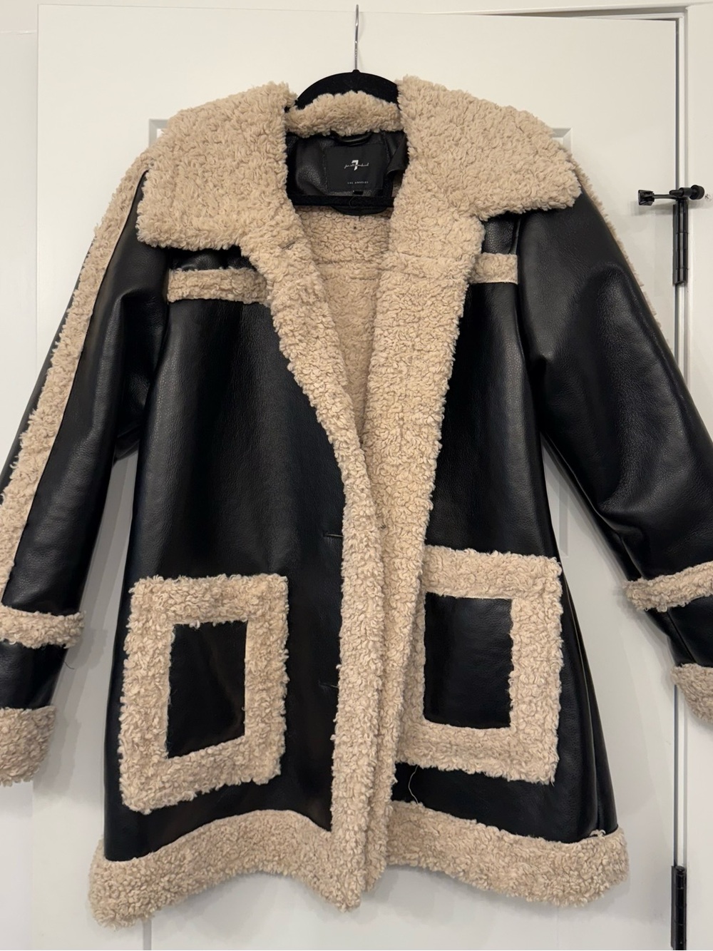 7 For All Mankind Faux Leather Shearling-Trim Coat in Black and Cream